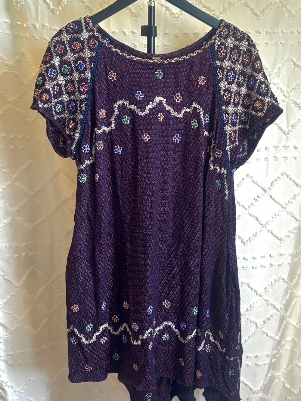 Free People In The Clouds Beaded Tunic Mini Dress Navy Combo Medium Boho